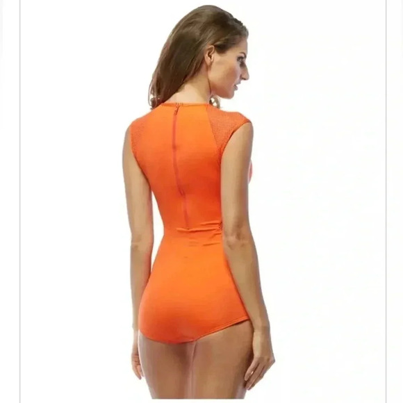 Carmen Marc Valvo Swimsuit High Neck Mesh Modest One Piece Orange Size 10 Medium - Picture 2 of 11